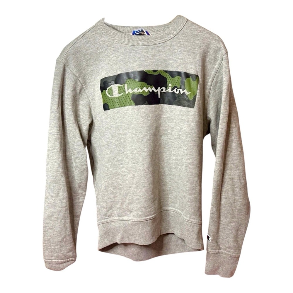 Champion Men's Small Sweatshirt Heather Gray Camo Logo Pullover Casual Active - Picture 1 of 11